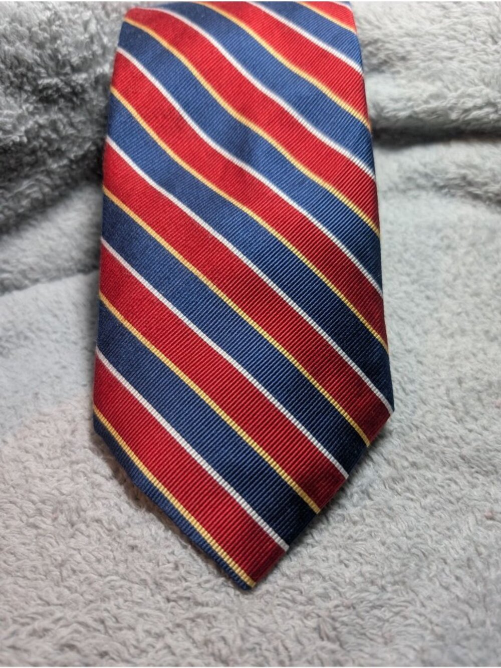 Jos. A. Bank 100% Silk Red & Blue Striped Tie With Yellow Accent Made In China